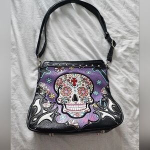 Purple Sugar Skull Shoulder Bag with Floral Embellishments